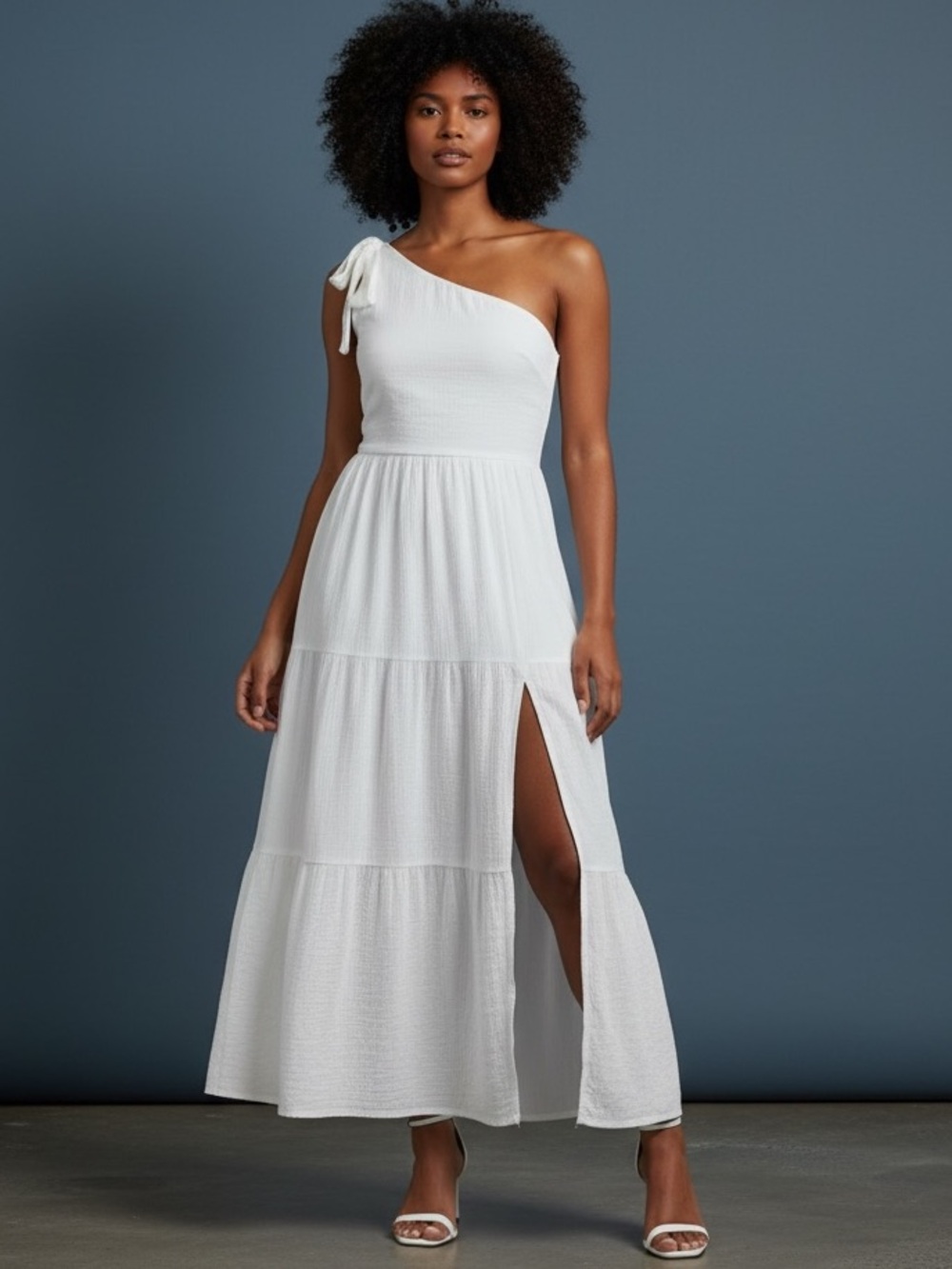 Merokeety One Shoulder Sleeveless Knot Smocked Midi Dress XL Split Tiered Flowy